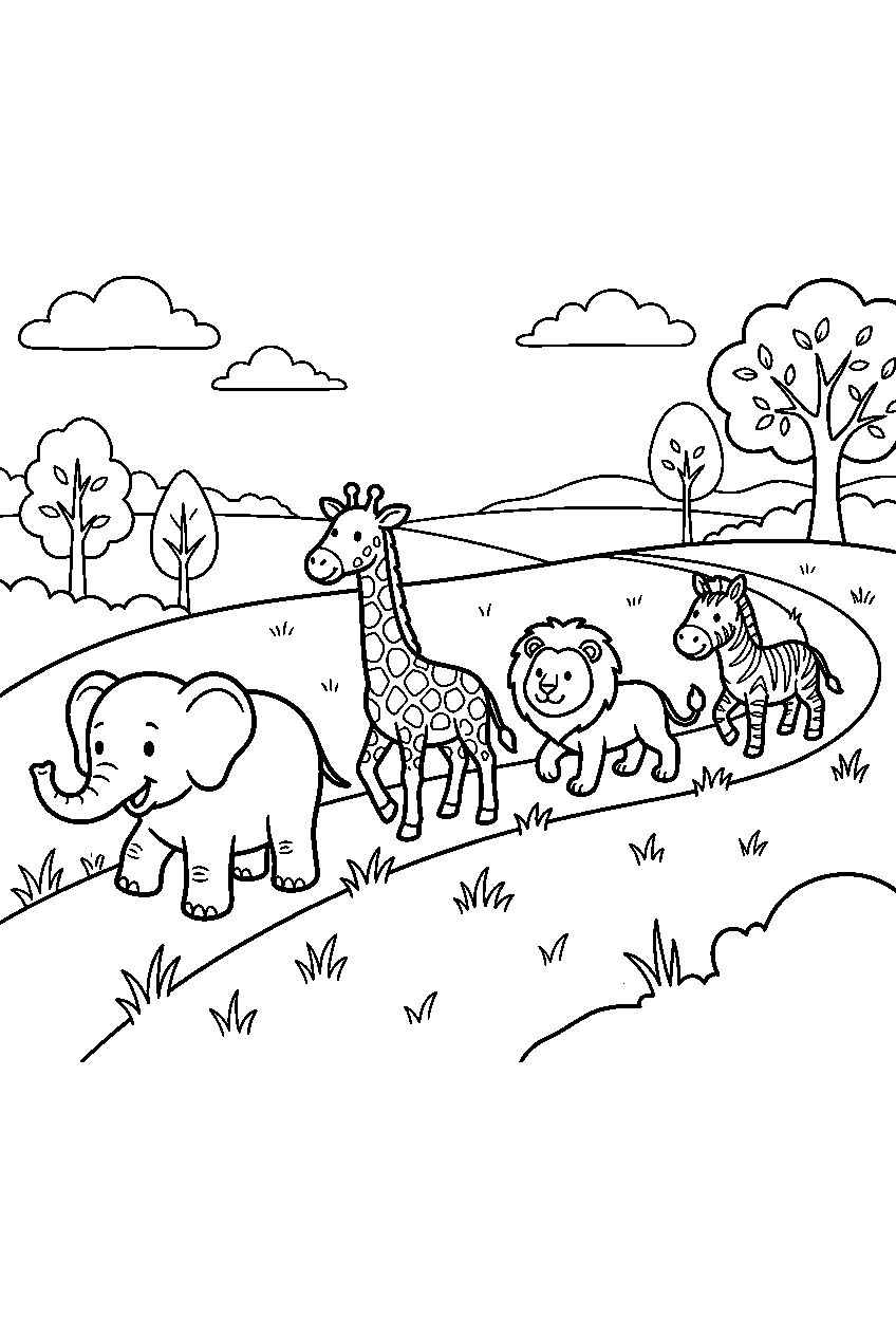 animals walking slowly on grassy hill line art