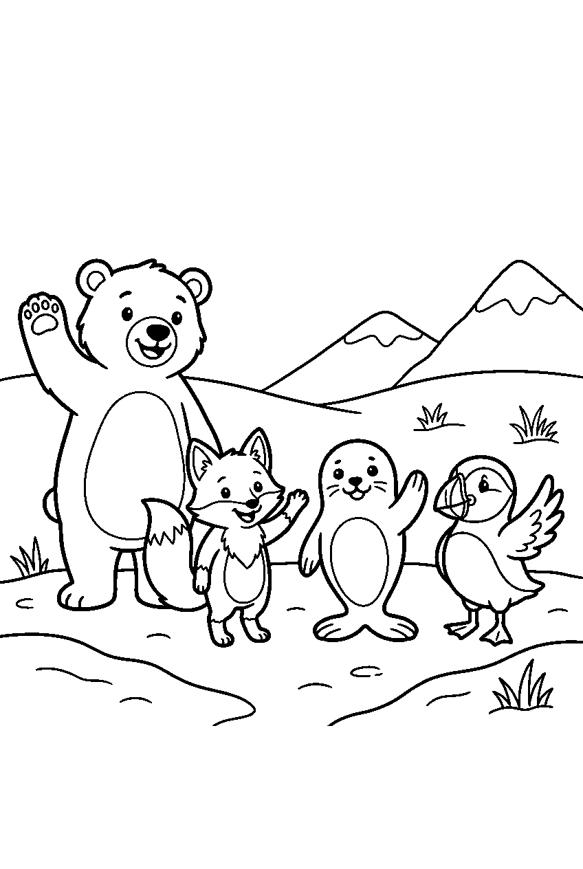 animals waving in arctic tundra line art