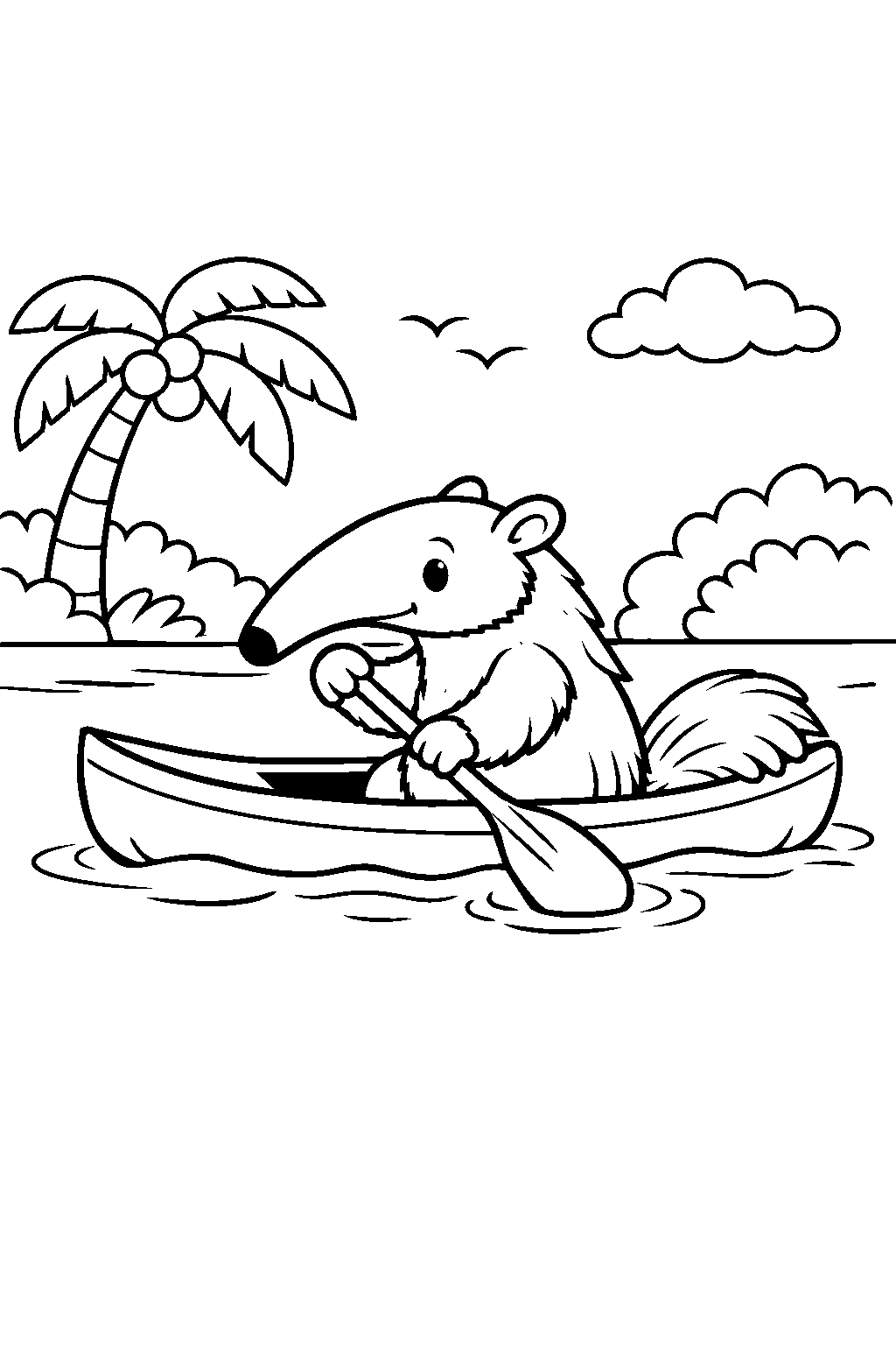 anteater paddling canoe jungle river line art