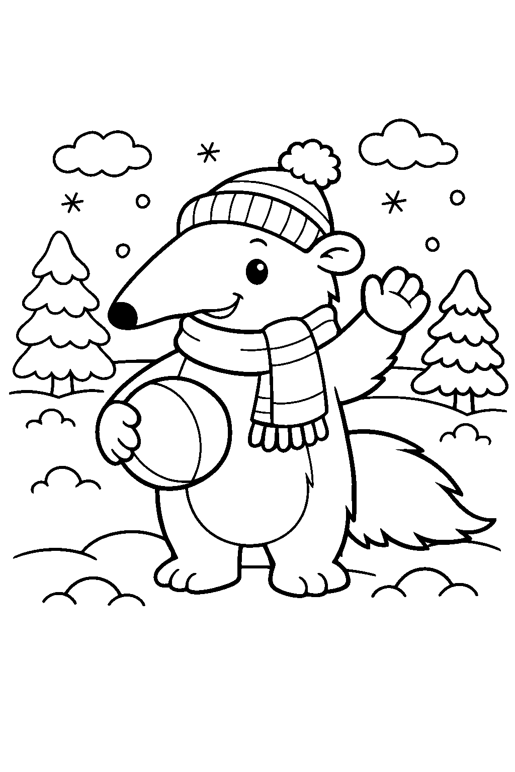 anteater waving in a winter forest line art