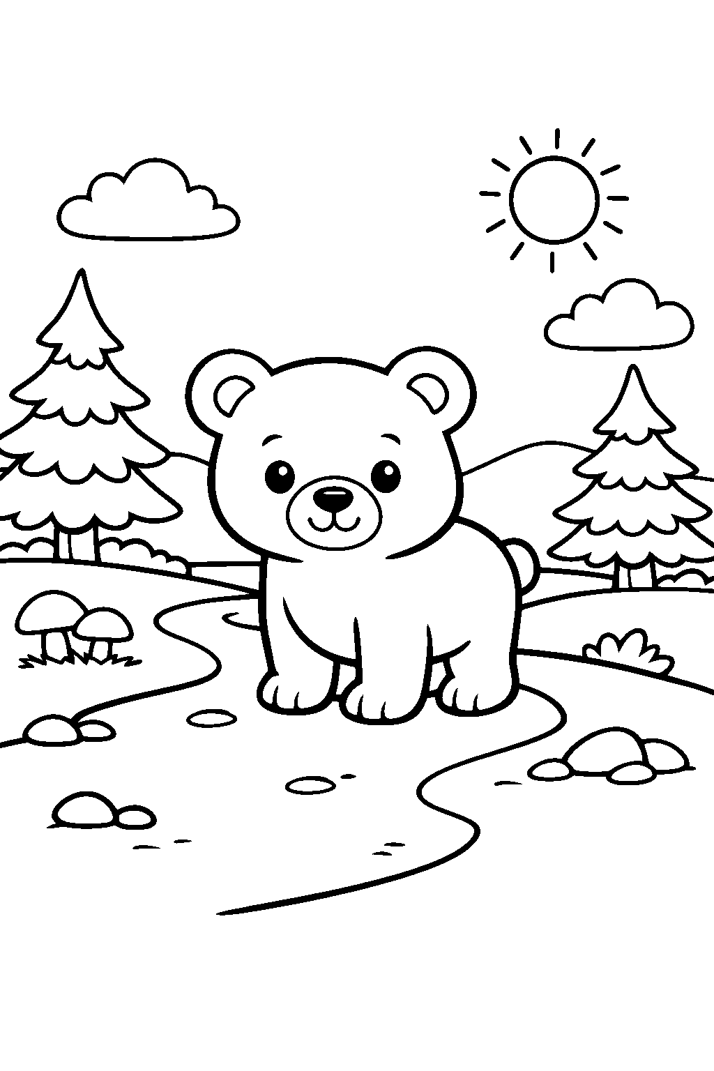 baby bear standing on a forest trail line art