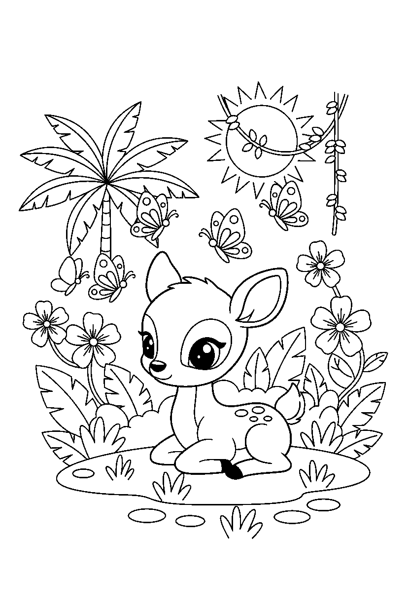 baby deer watching butterflies in a jungle clearing line art