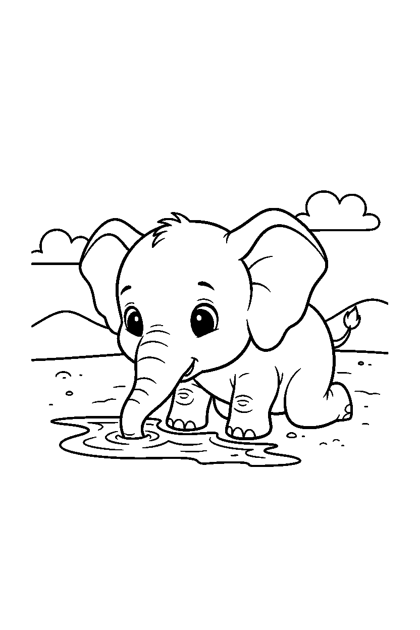 baby elephant drinking water on a sandy shore line art