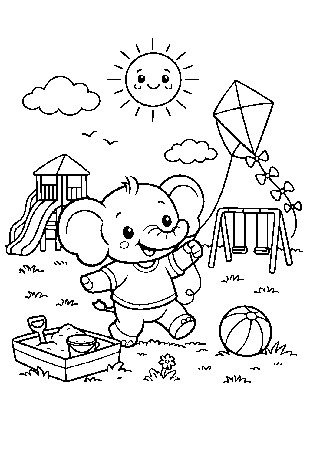 baby elephant flying kite playground line art