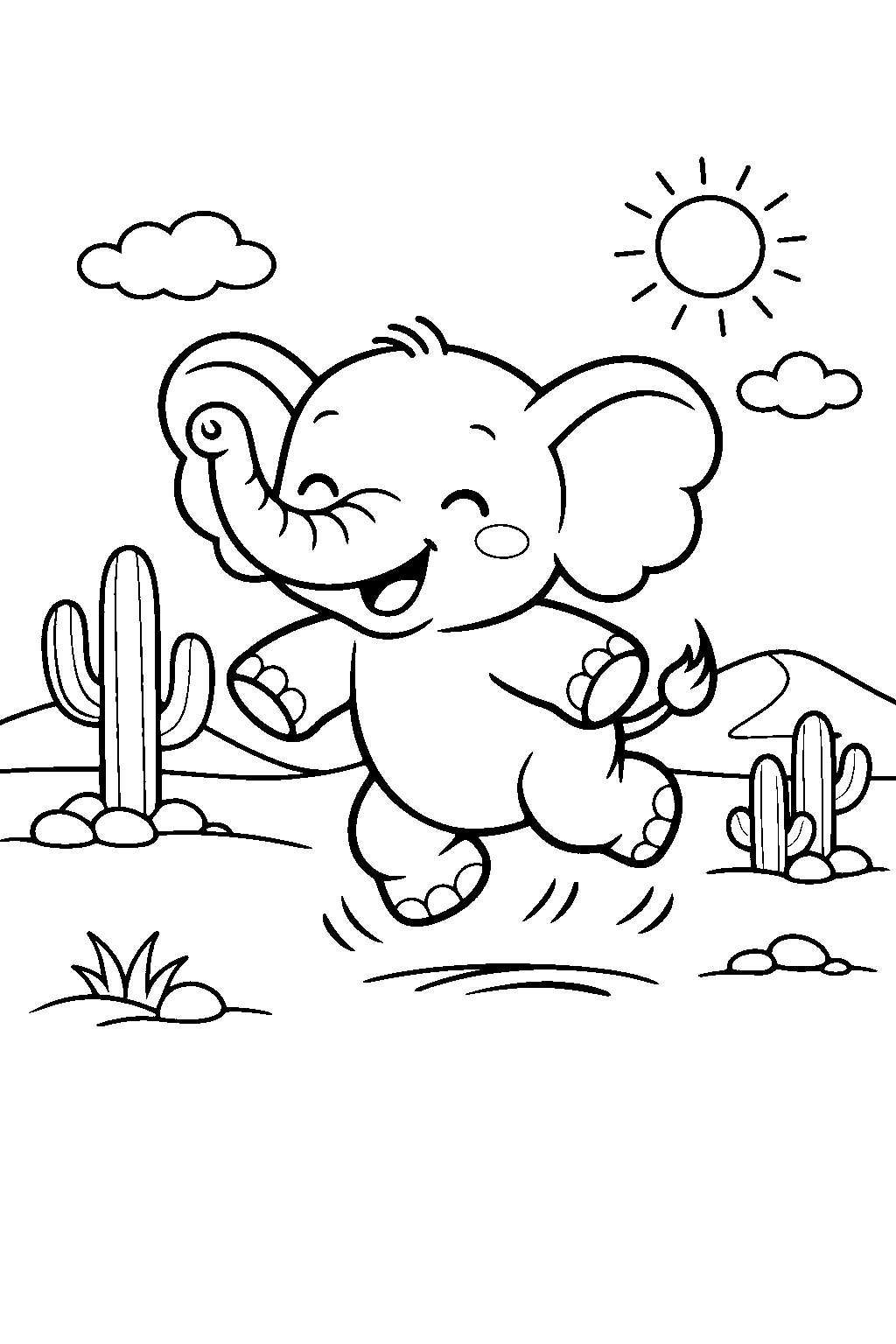 baby elephant jumping gently in a desert line art
