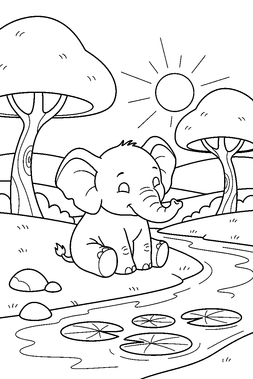 baby elephant listening carefully on a river bank line art