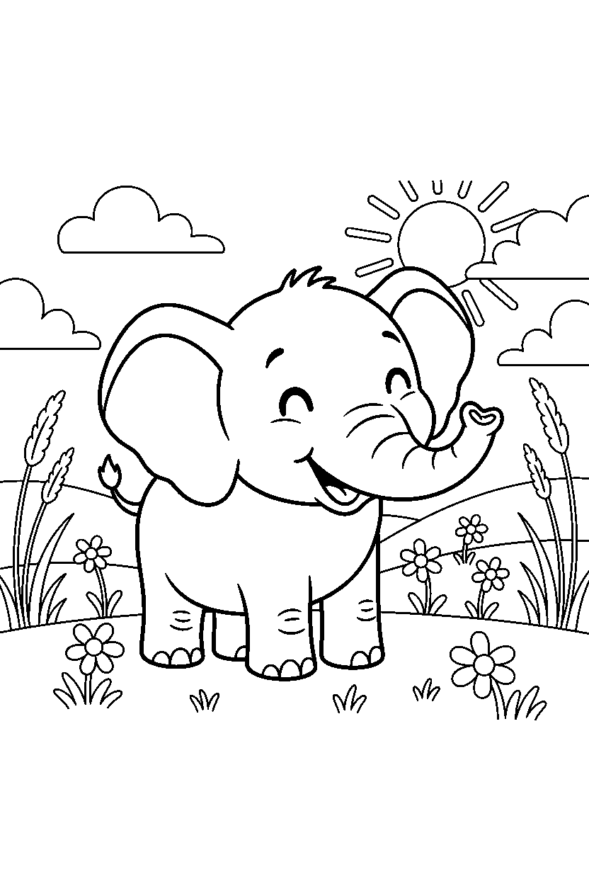 baby elephant looking happy in a sunny meadow line art