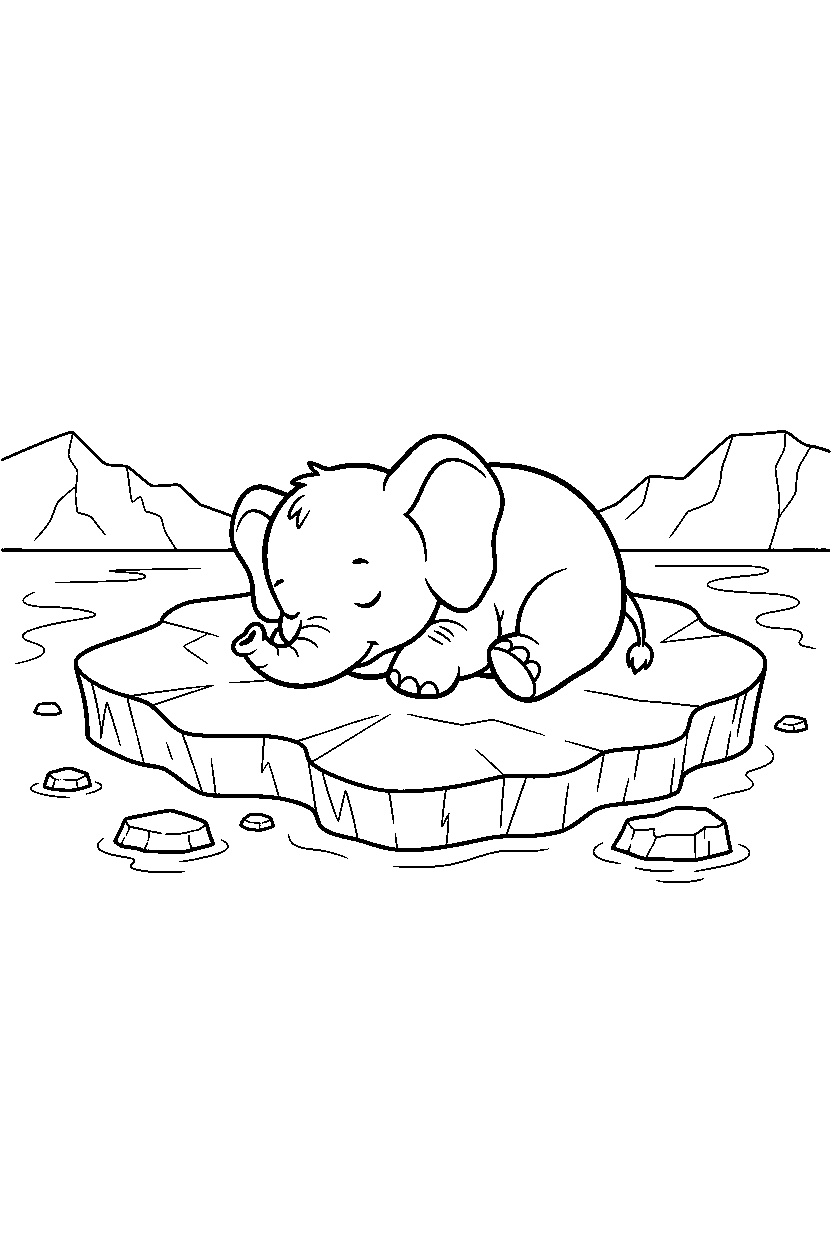 baby elephant resting peacefully on sea ice line art