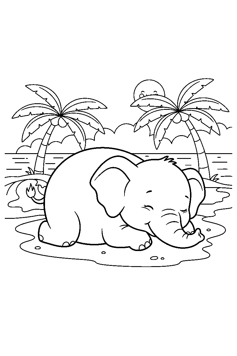 baby elephant sleeping peacefully on an ocean beach line art
