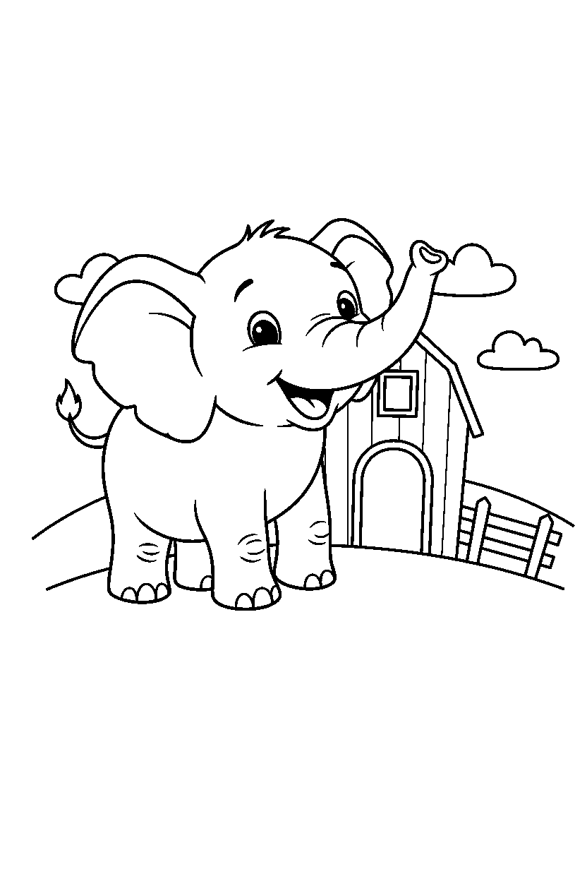 baby elephant smiling happily near a barn line art