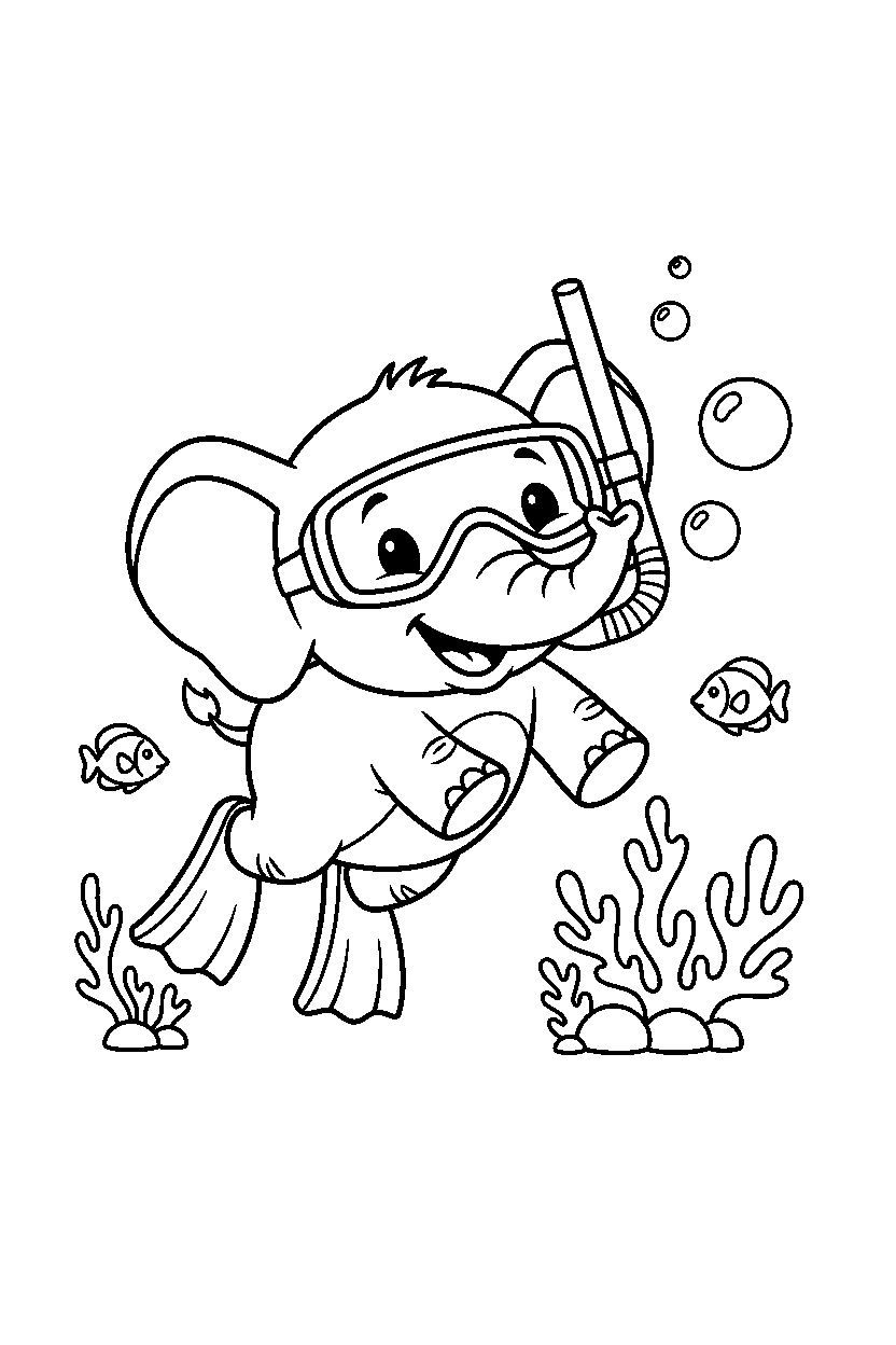 baby elephant smiling happily under the sea line art