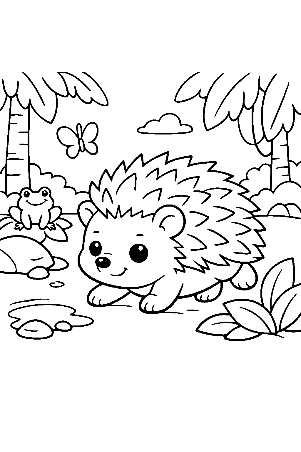 baby hedgehog running slowly in the rainforest line art