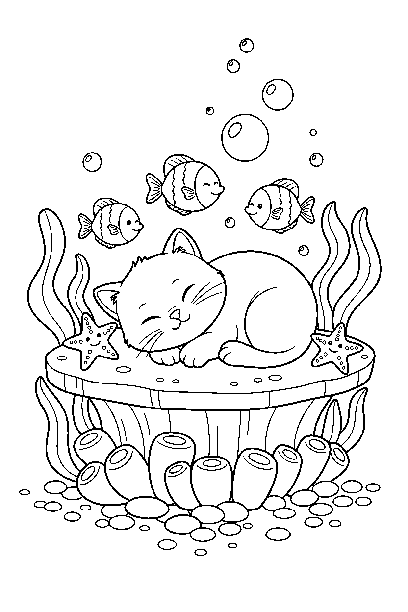 baby kitten resting peacefully under the sea line art