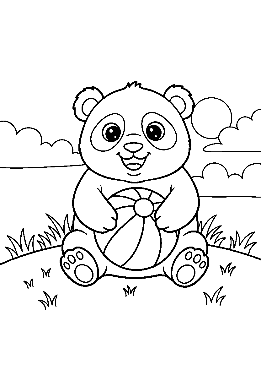 baby panda holding a ball on a grassy hill line art