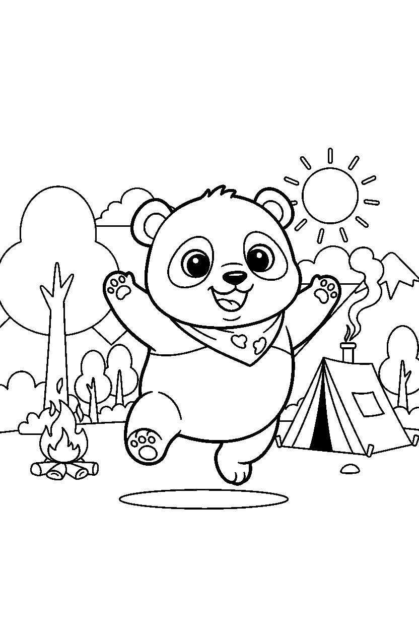 baby panda hopping happily at a campground line art