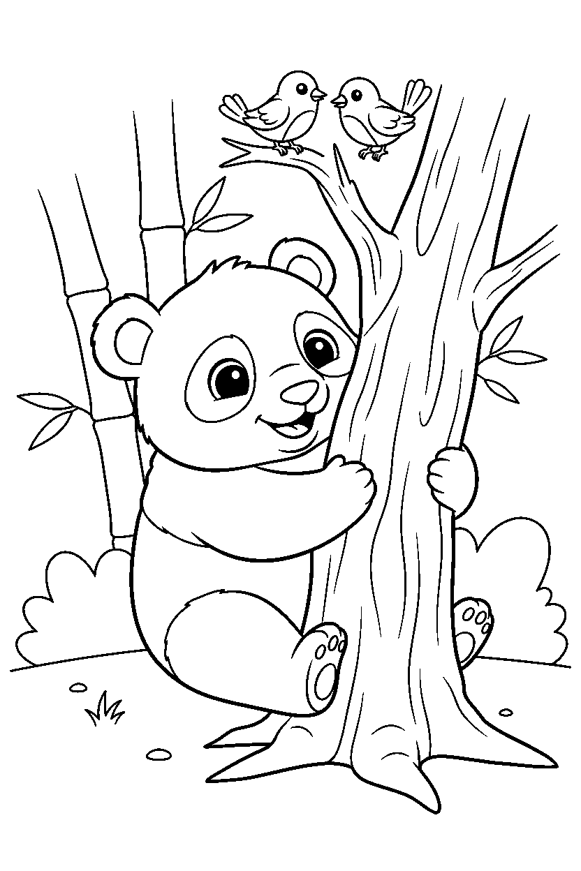 baby panda hugging happily in a nature reserve line art