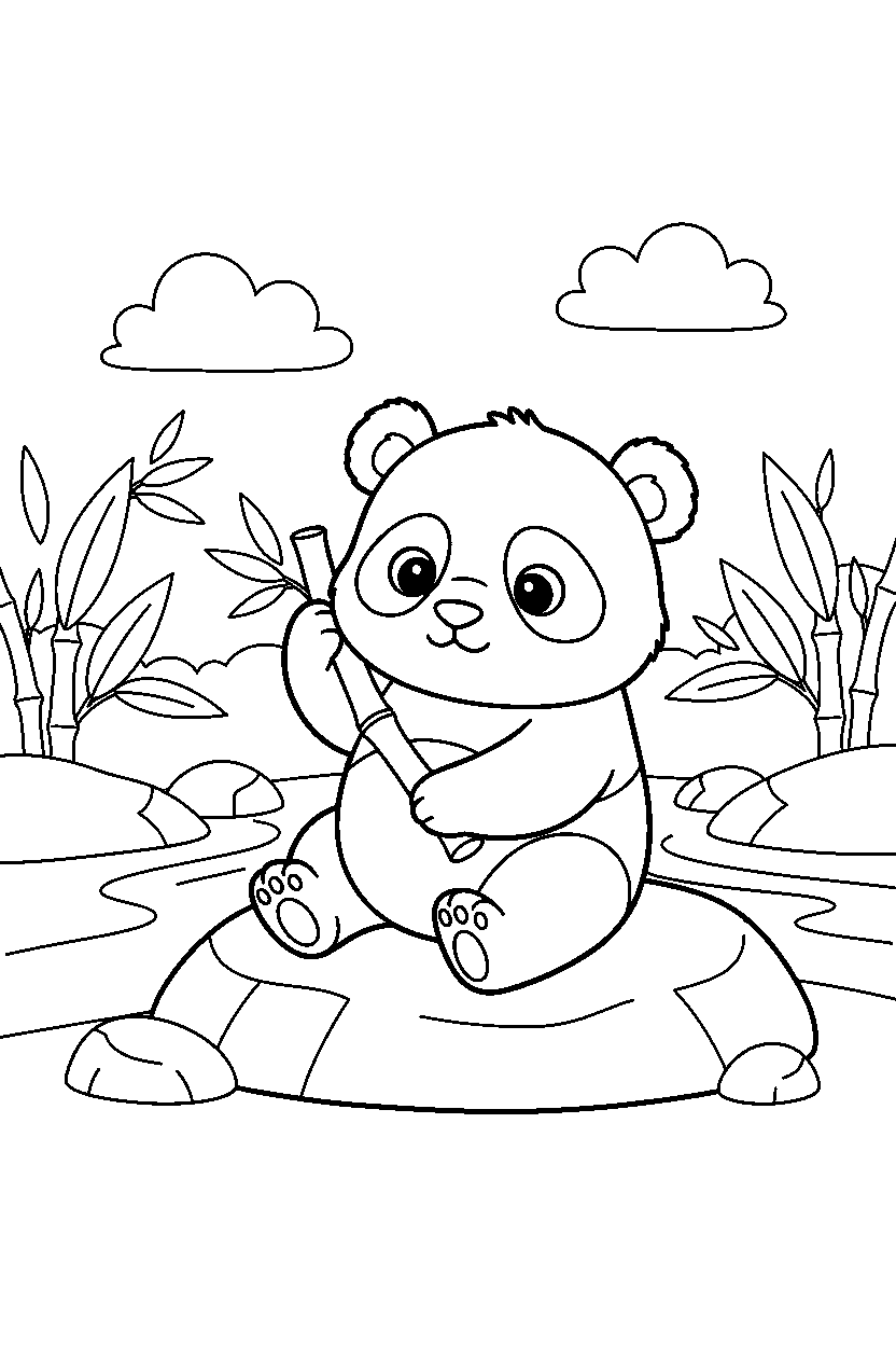 baby panda listening carefully in a nature reserve line art