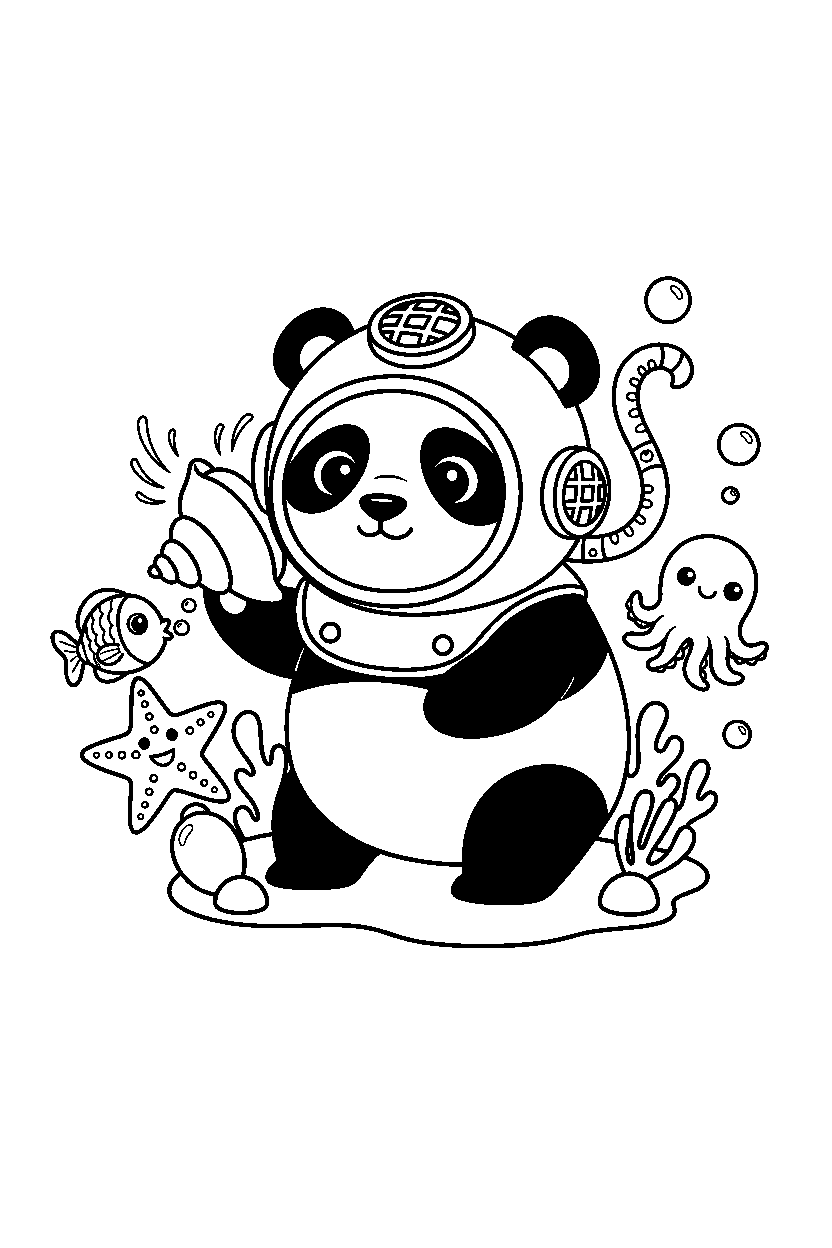 baby panda listening carefully under the sea line art