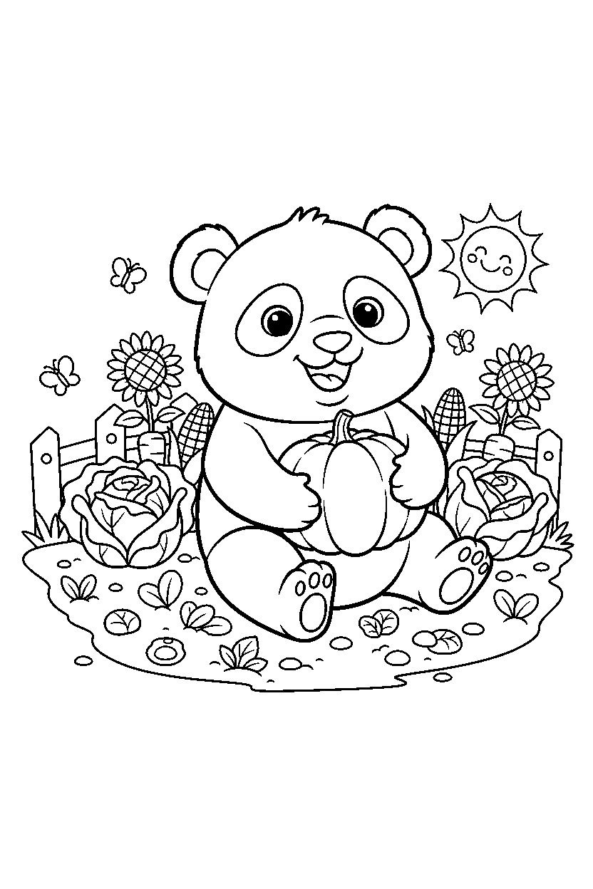 baby panda posing happily in a vegetable garden line art