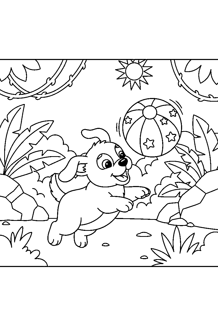 baby puppy catching a ball in a jungle clearing line art