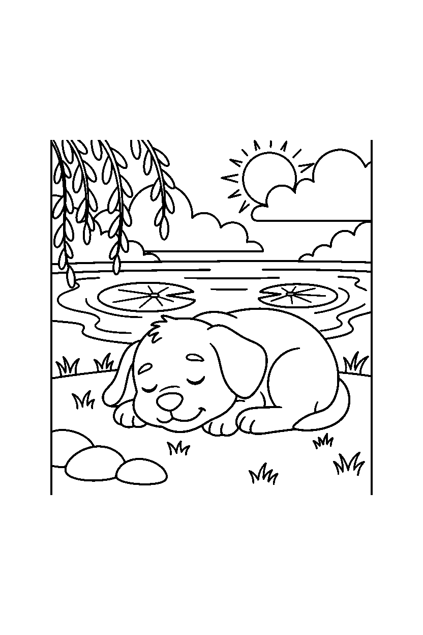 baby puppy resting peacefully at a park pond line art