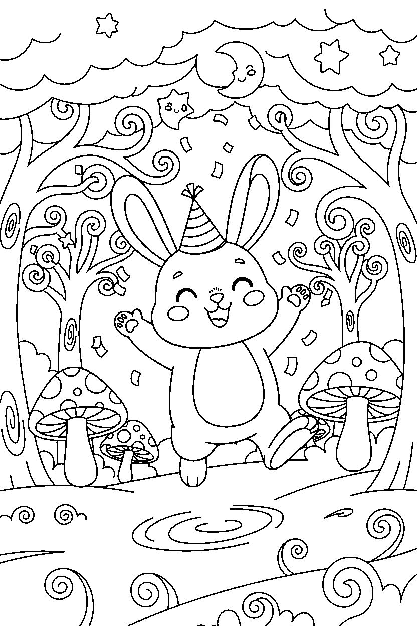 baby rabbit celebrating happily in a magical forest line art