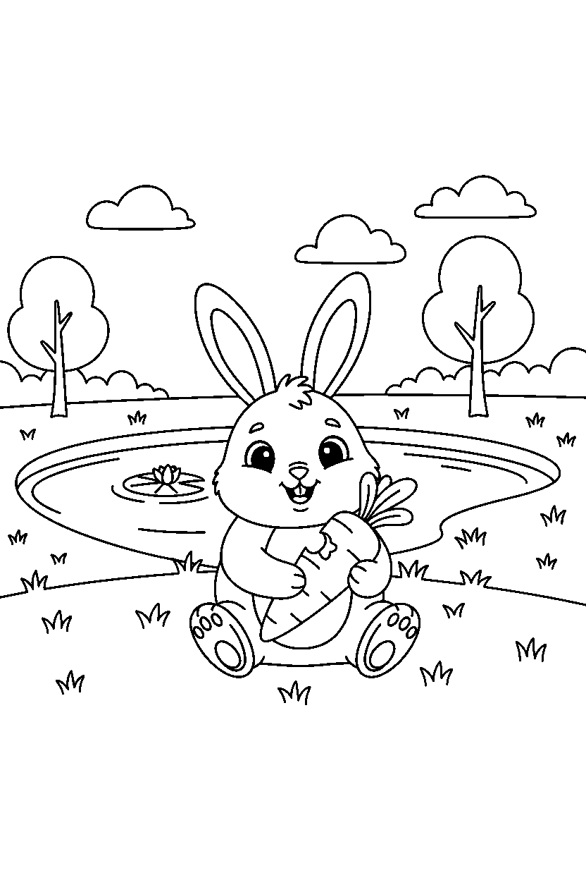 baby rabbit eating a snack at a park pond line art