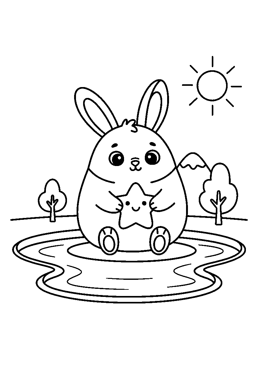 baby rabbit holding a toy near a lake line art