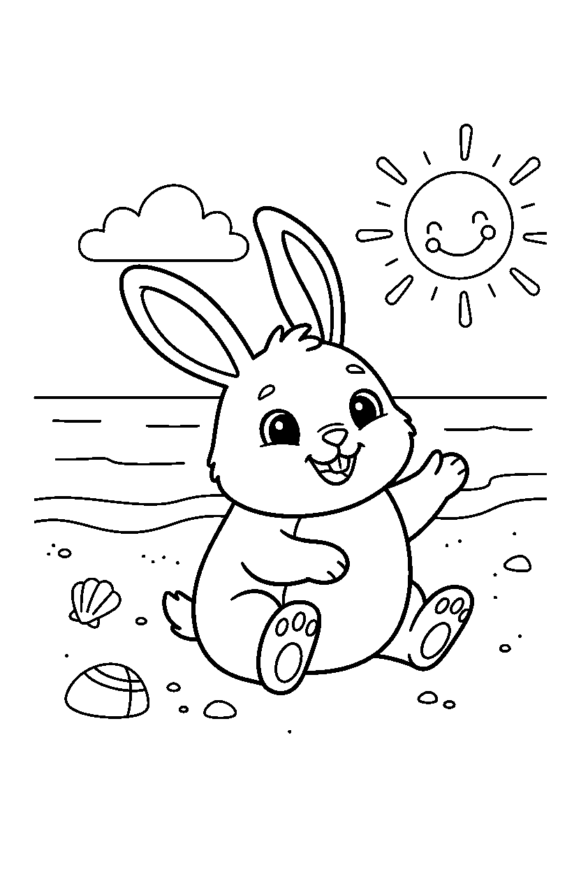 baby rabbit looking happy on a sandy shore line art
