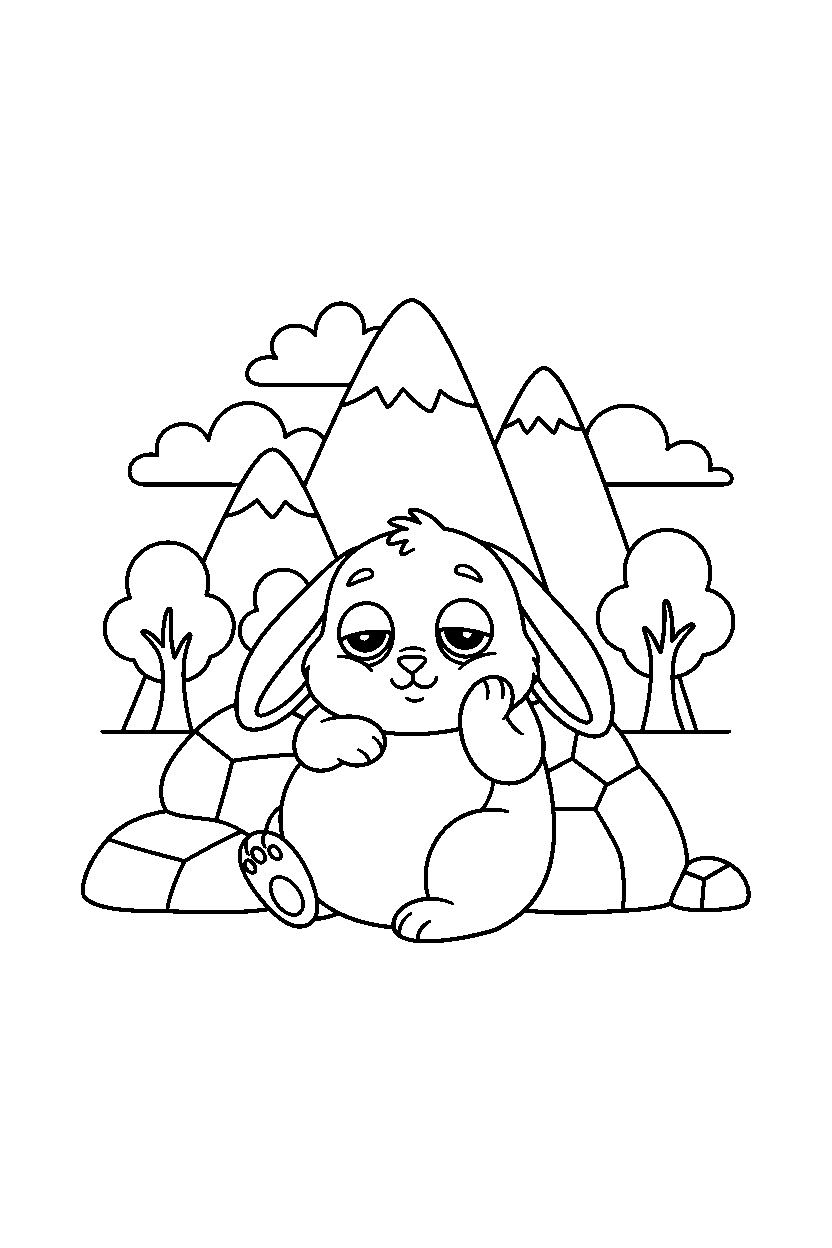 baby rabbit looking sleepy in the mountains line art