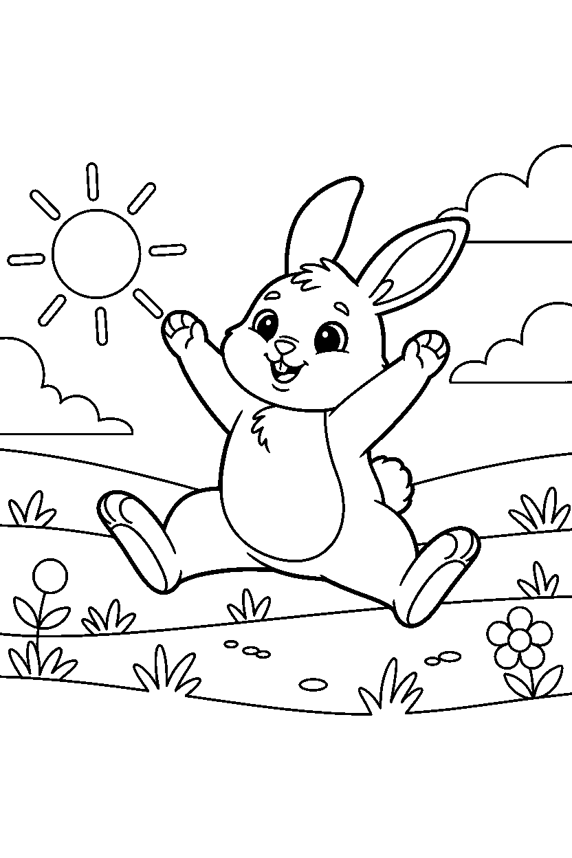 baby rabbit stretching playfully in an open field line art