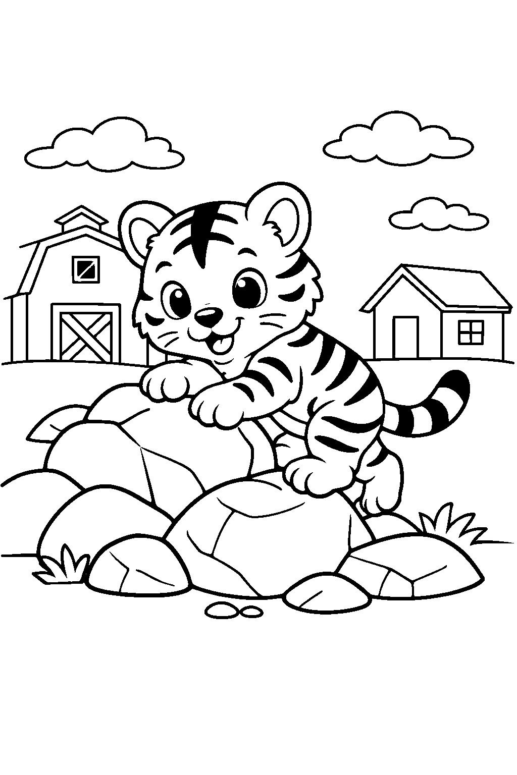baby tiger climbing rocks barnyard line art
