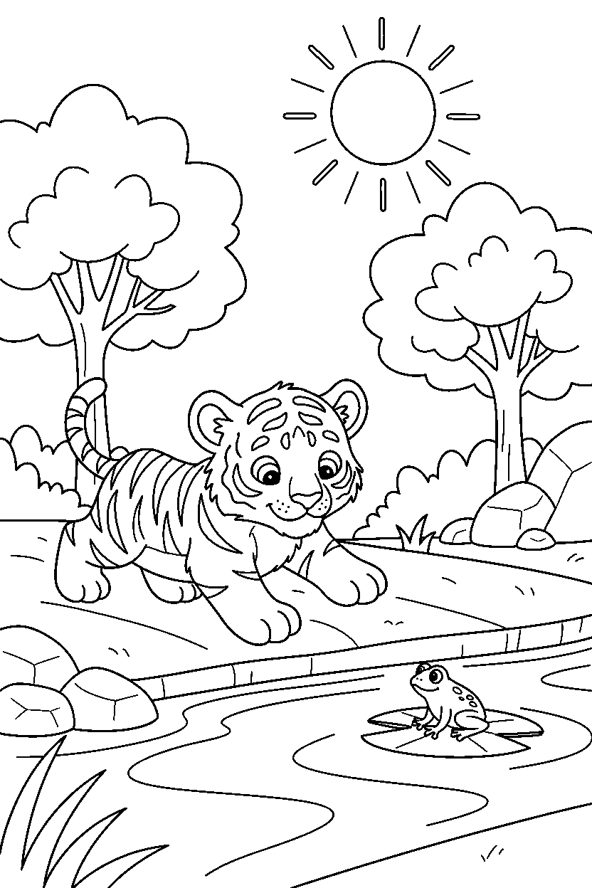 baby tiger exploring curiously on a river bank line art