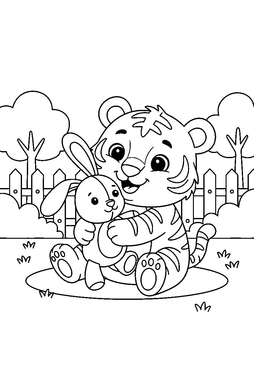 baby tiger hugging happily in a backyard line art