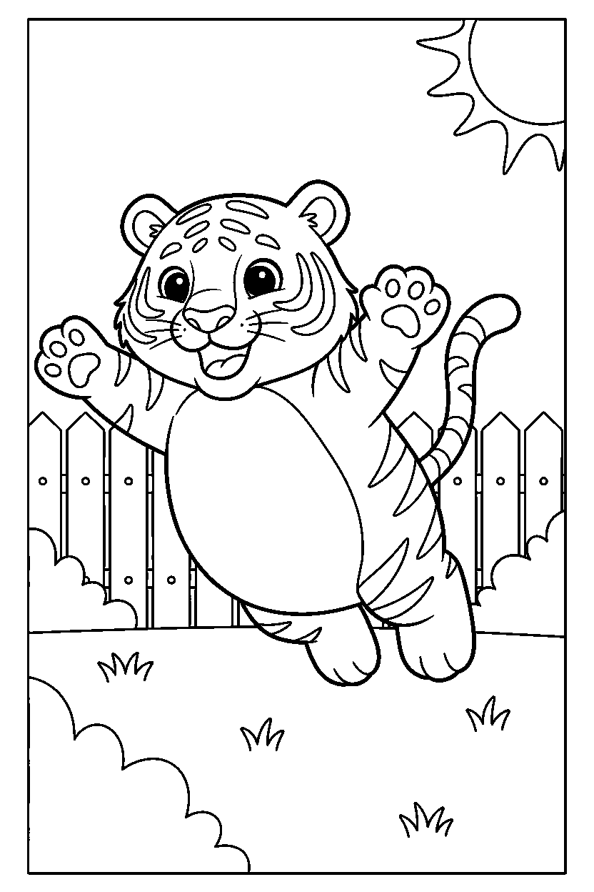baby tiger jumping playfully in a backyard line art