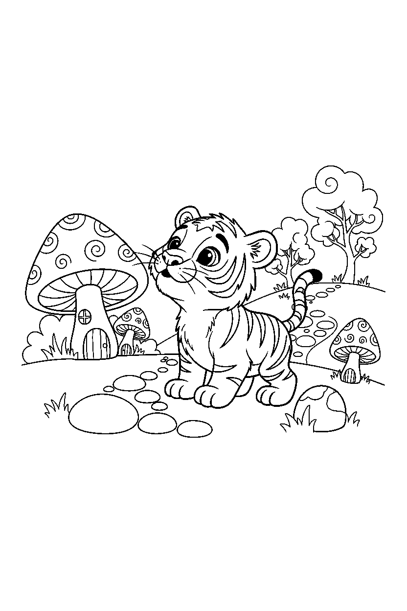 baby tiger sniffing curiously in a fantasy land line art