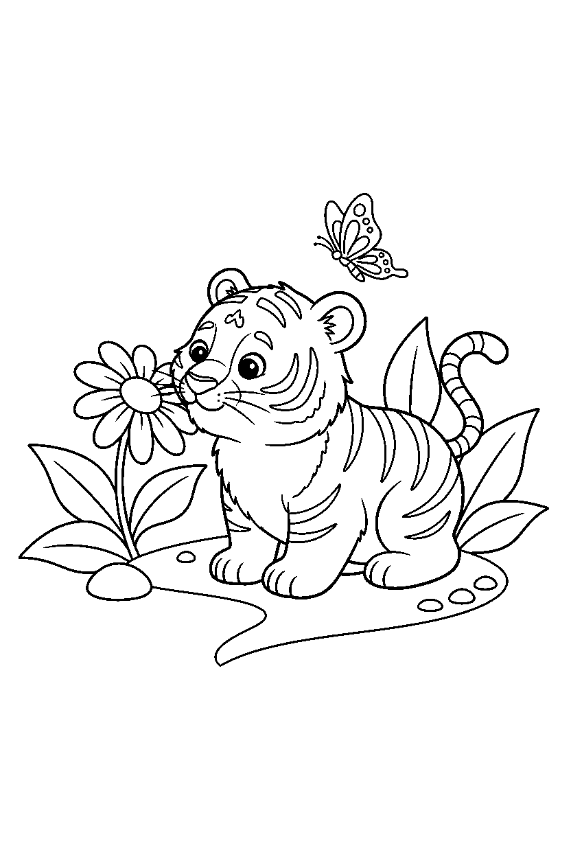 baby tiger sniffing curiously in a garden line art