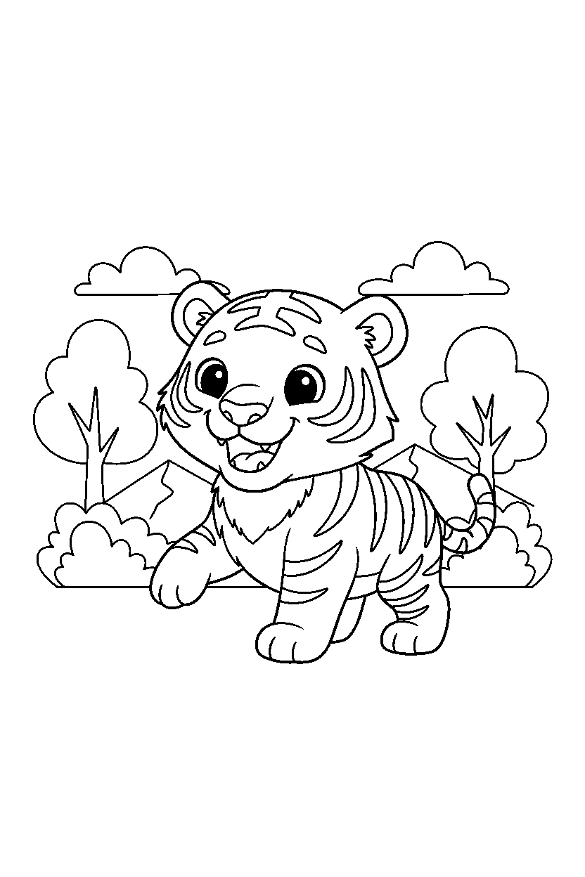 baby tiger standing happily in a nature reserve line art