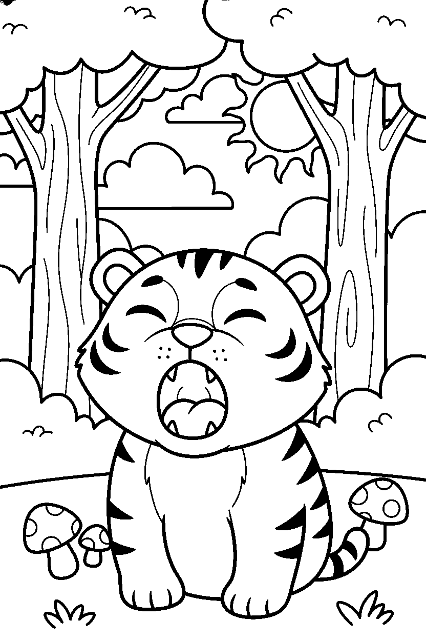 baby tiger yawning sleepily in a forest line art
