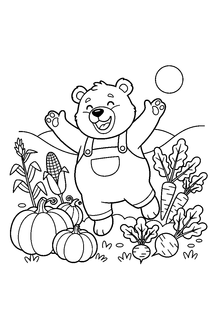 bear celebrating happily in a vegetable garden line art