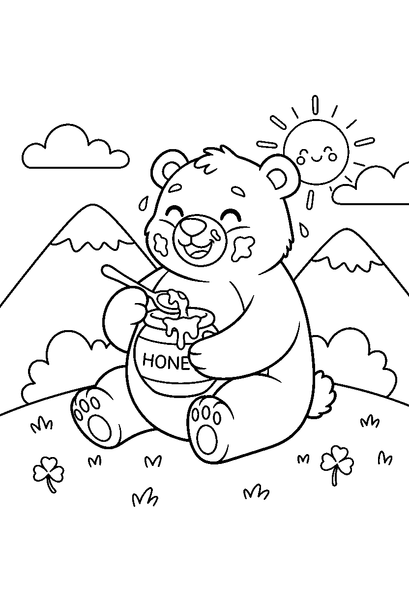 bear eating happily on a grassy hill line art