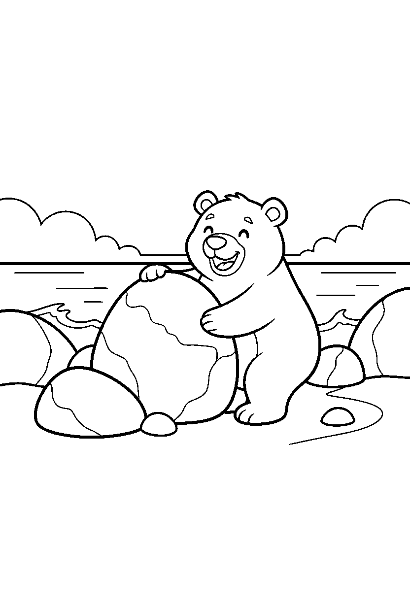 bear hugging happily on a rocky shore line art