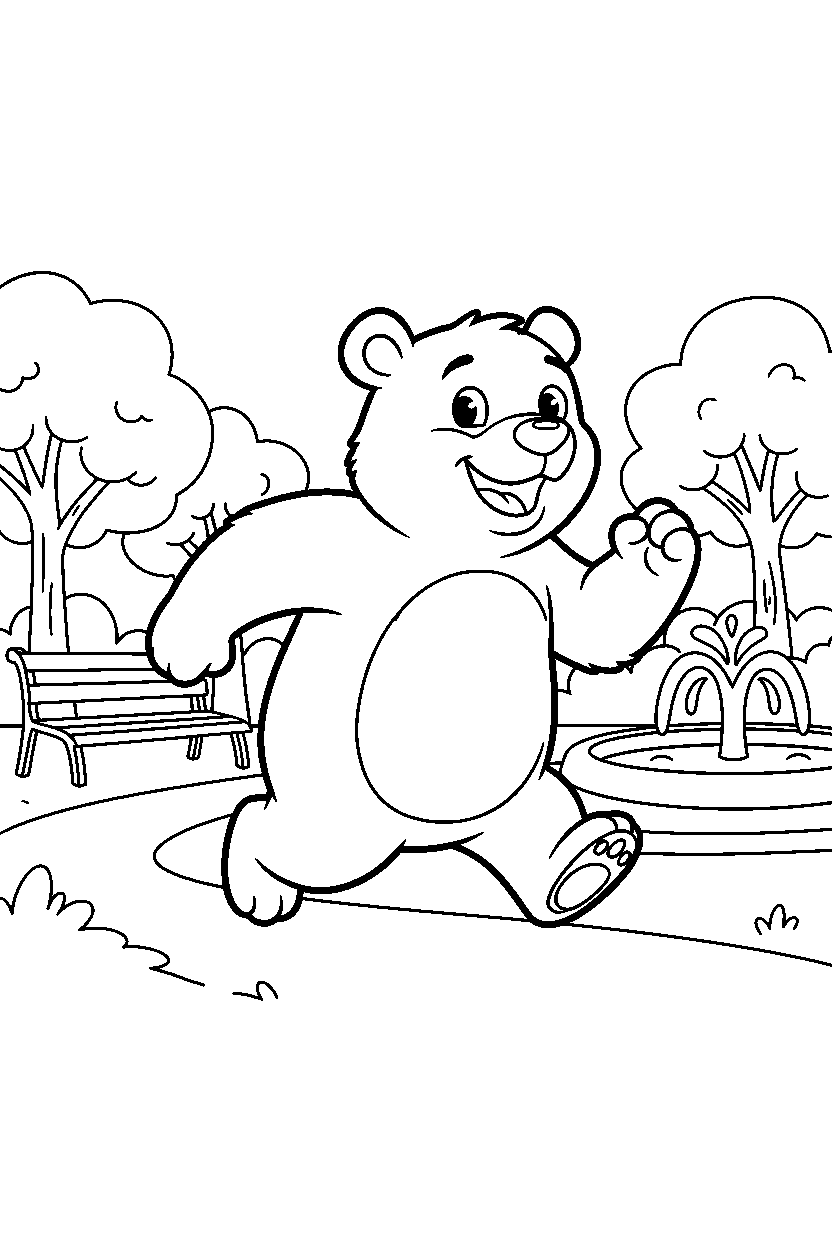 bear running happily in a city park line art