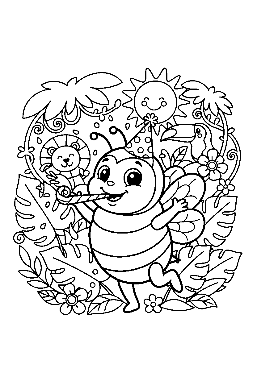 bee celebrating happily in the jungle line art