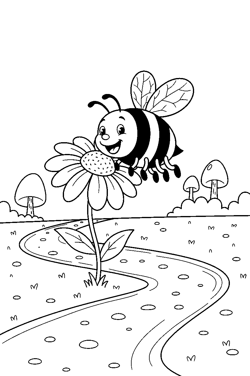 bee eating happily on a dirt path line art
