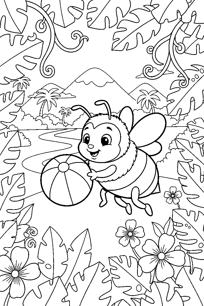 bee playing with a ball in the rainforest line art