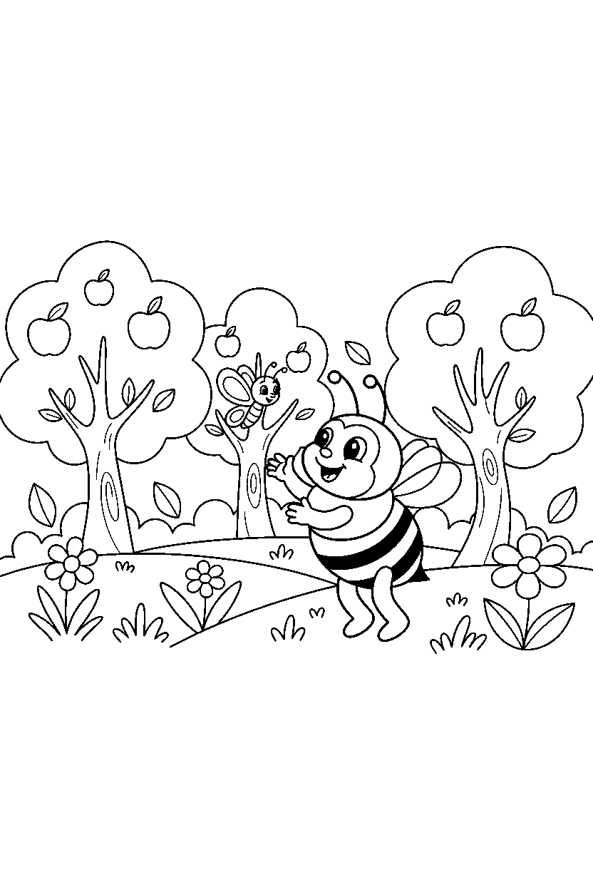 bee playing with a butterfly in an orchard line art