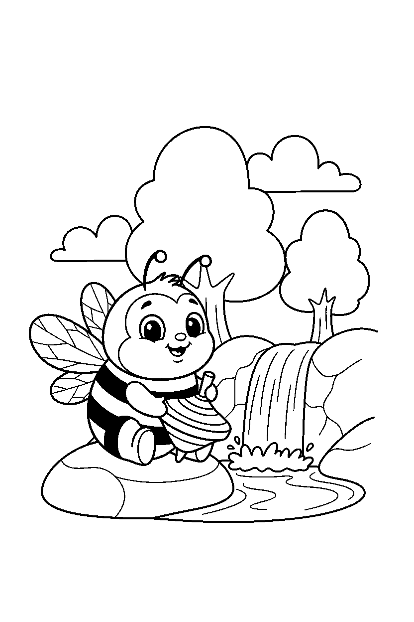 bee playing with a toy near a waterfall line art