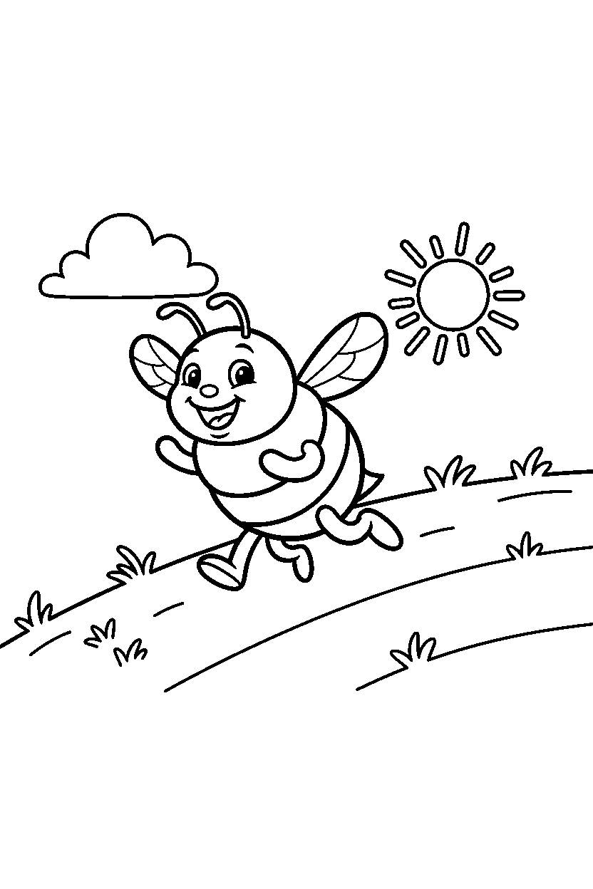 bee running happily on a grassy hill line art
