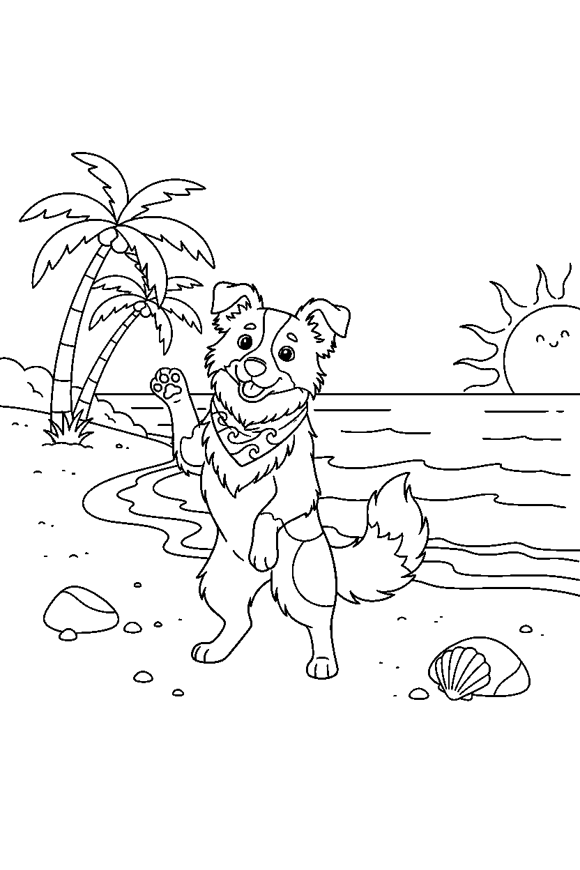 border collie standing on an ocean beach line art